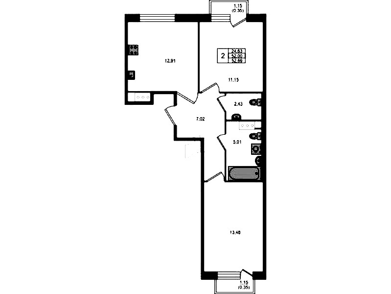 2-комнатная квартира 52 м², 5/5 эт., ЖК «Plus Пулковский»